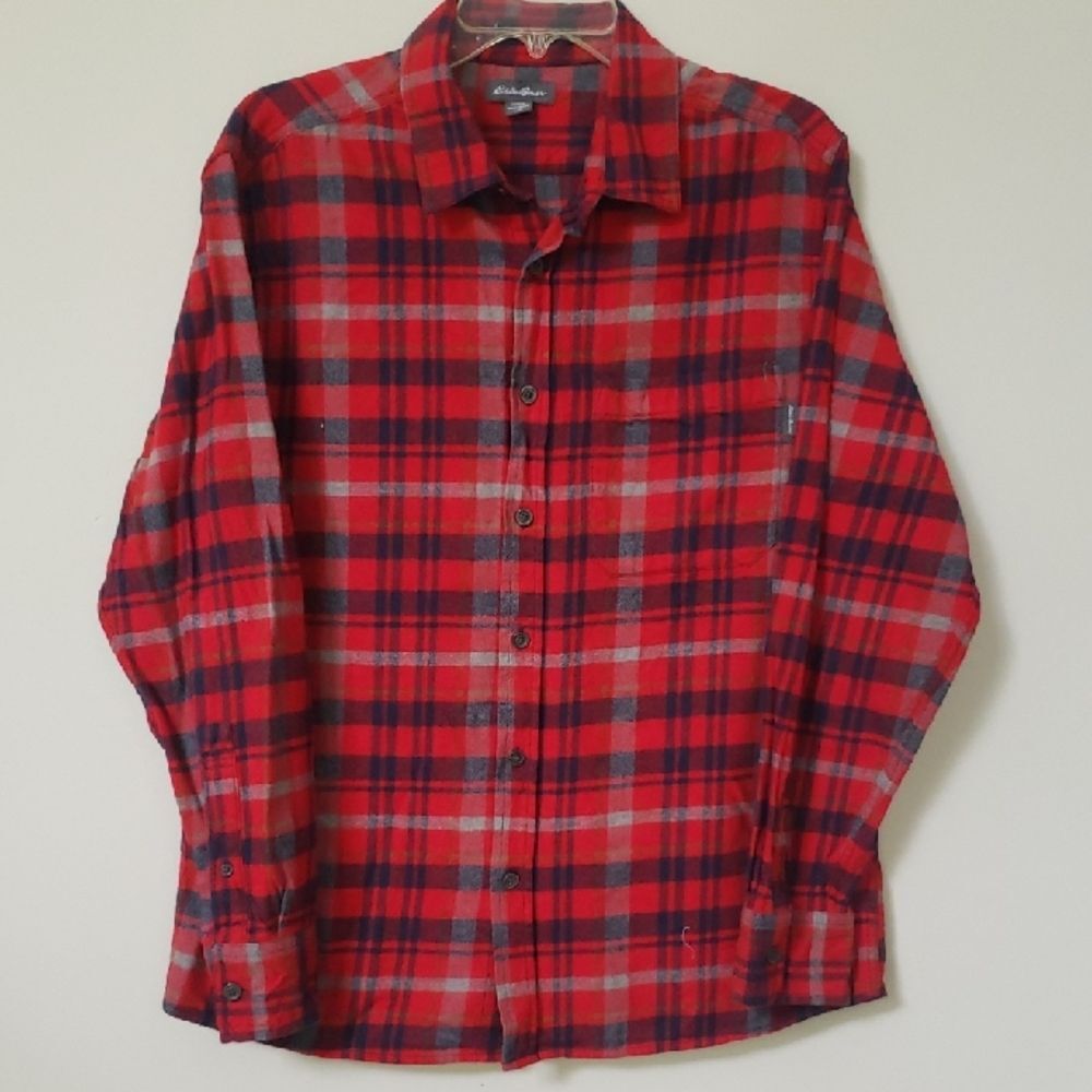 Eddie Bauer Shirt Men's Red Navy Plaid 100% Cotton Flannel Gorpcore Cabincore